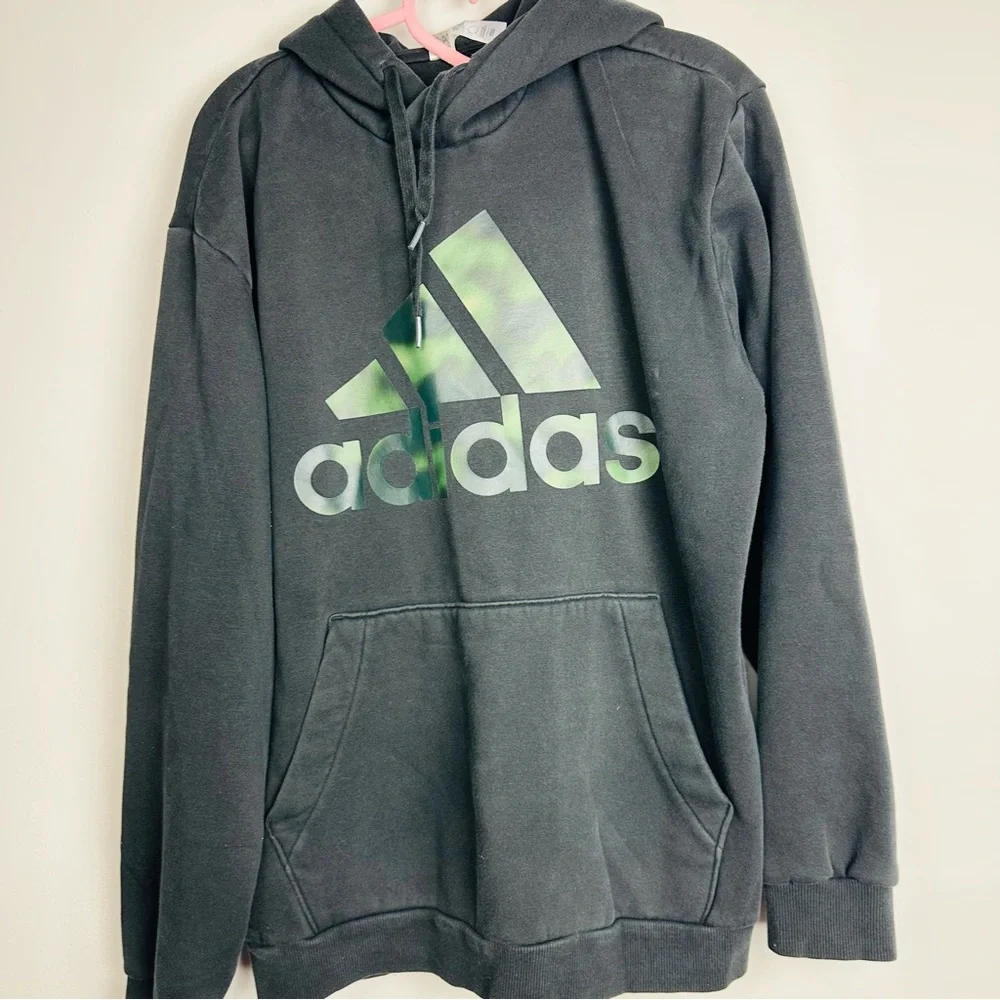 Adidas Men's Black and Green Camouflage Logo Printed French Terry Hoodie